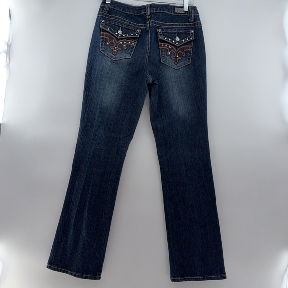 Earl Jeans Denim - Earl Jeans Dark Blue Embellished Flip Pocket Rhinestone Accents, Women's Size 8